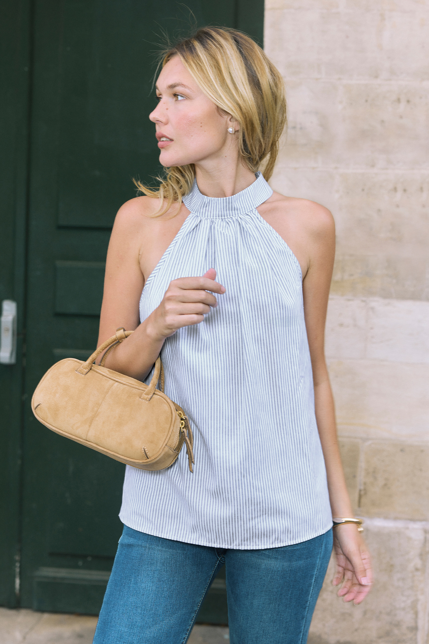 Blau Gestreiftes Hoher Ausschnitt Top von CUPSHE