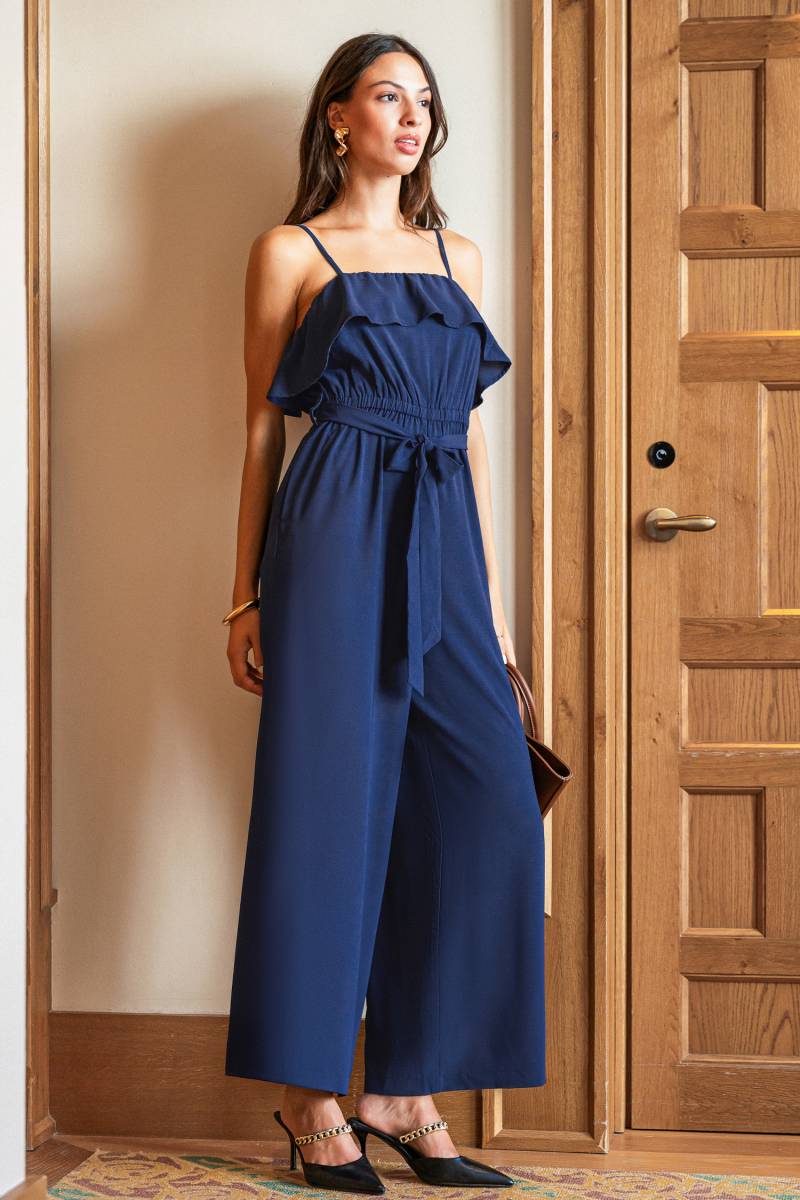 Blauer Gerader Ausschnitt Jumpsuit mit Taillengürtel von CUPSHE