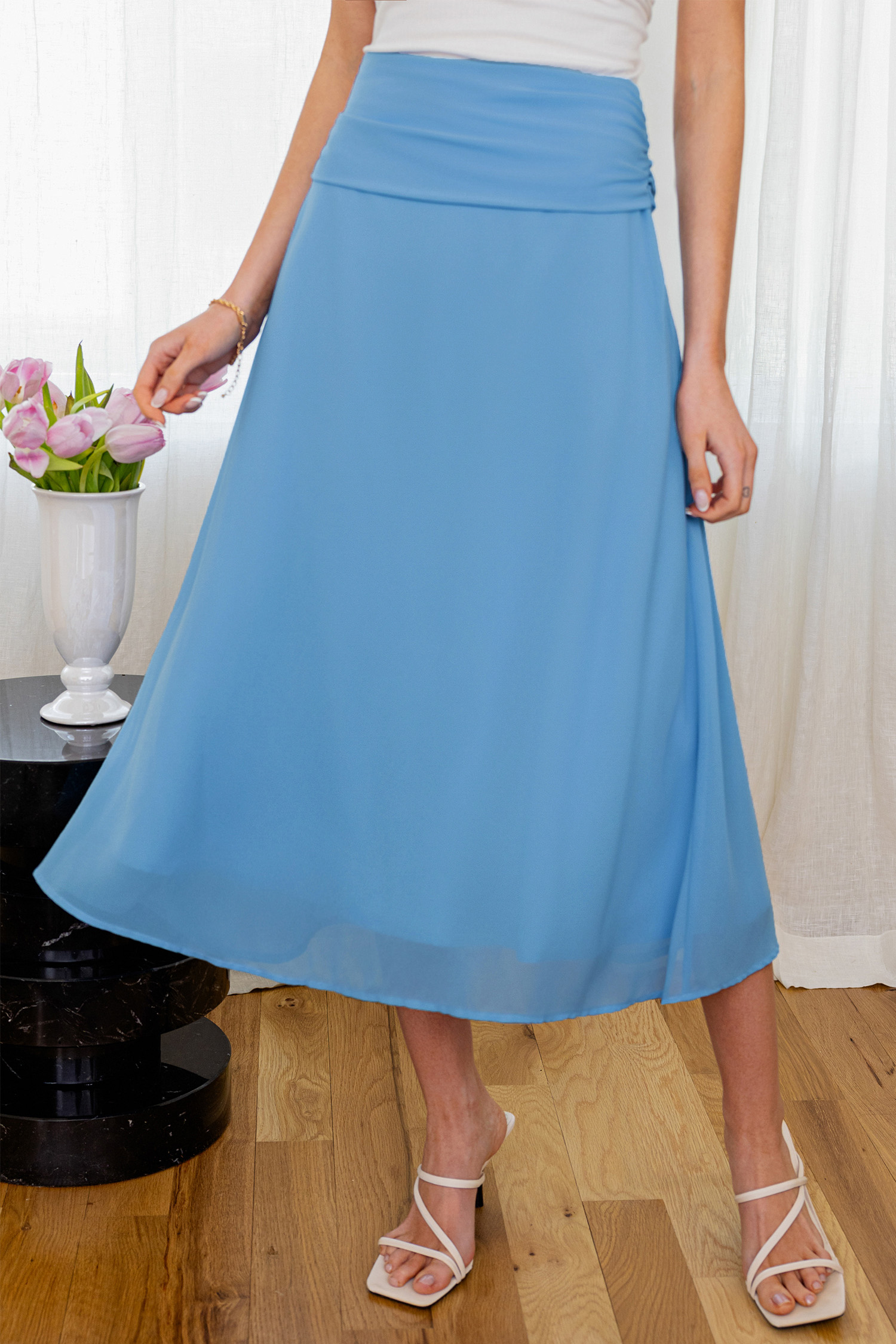 Blauer Geraffte Taille Midirock von CUPSHE