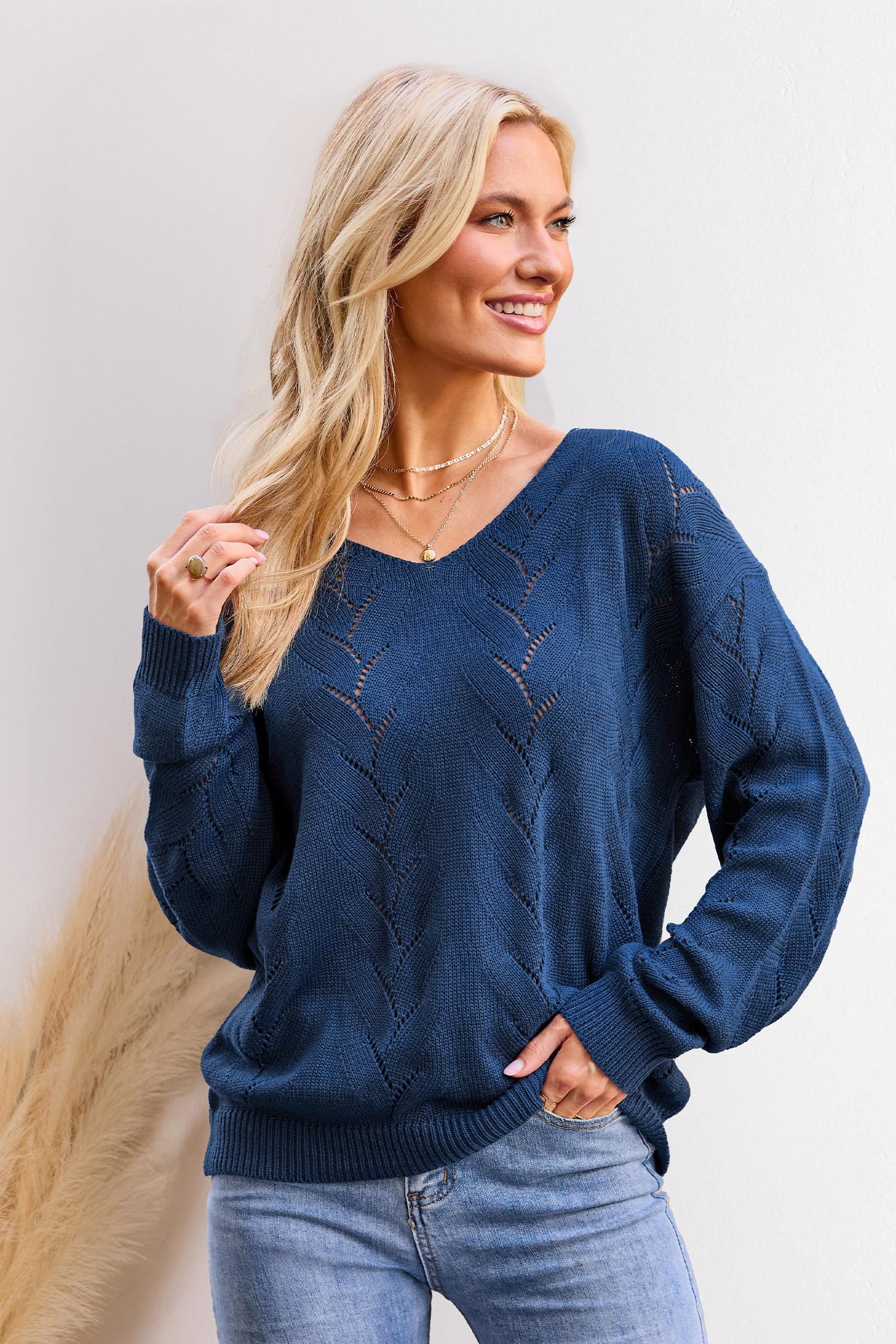Blauer V-Ausschnitt Langarmpullover Blauer V-Ausschnitt Langarmpullover von CUPSHE