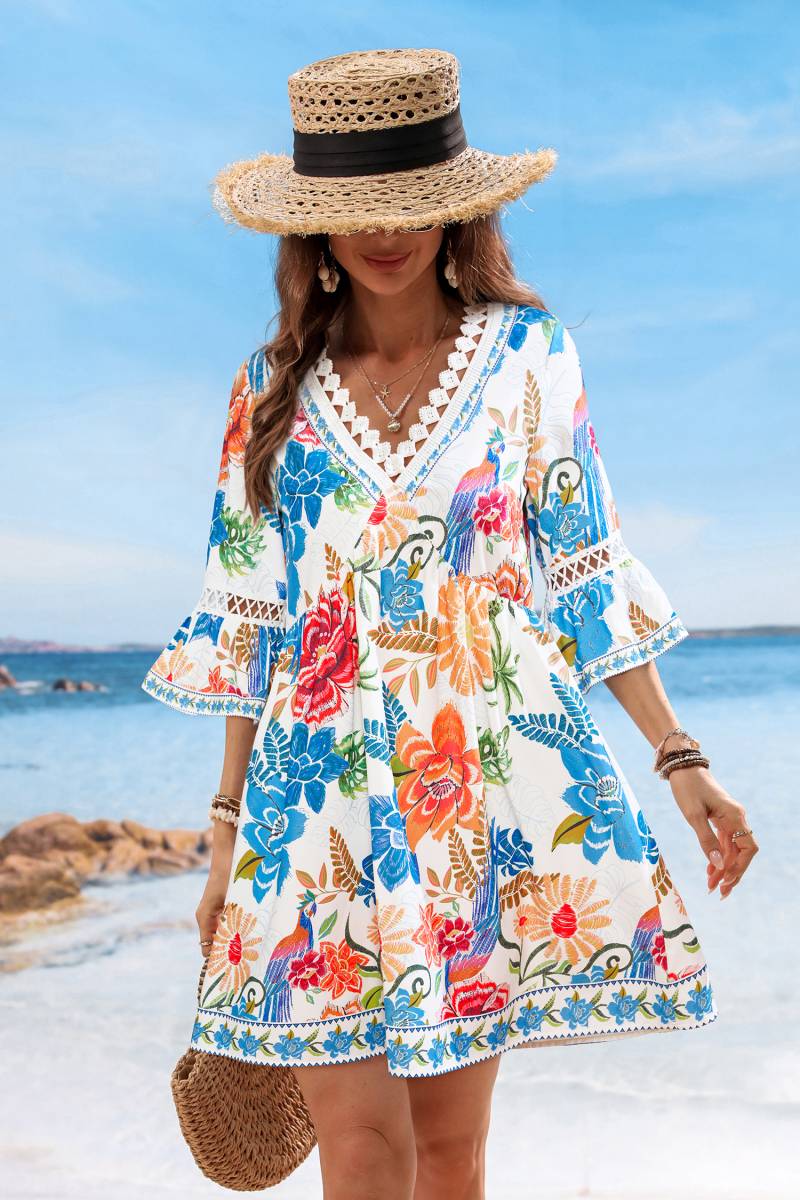 Blaues Halbarm Mini-Strandkleid mit Blumenmuster von CUPSHE