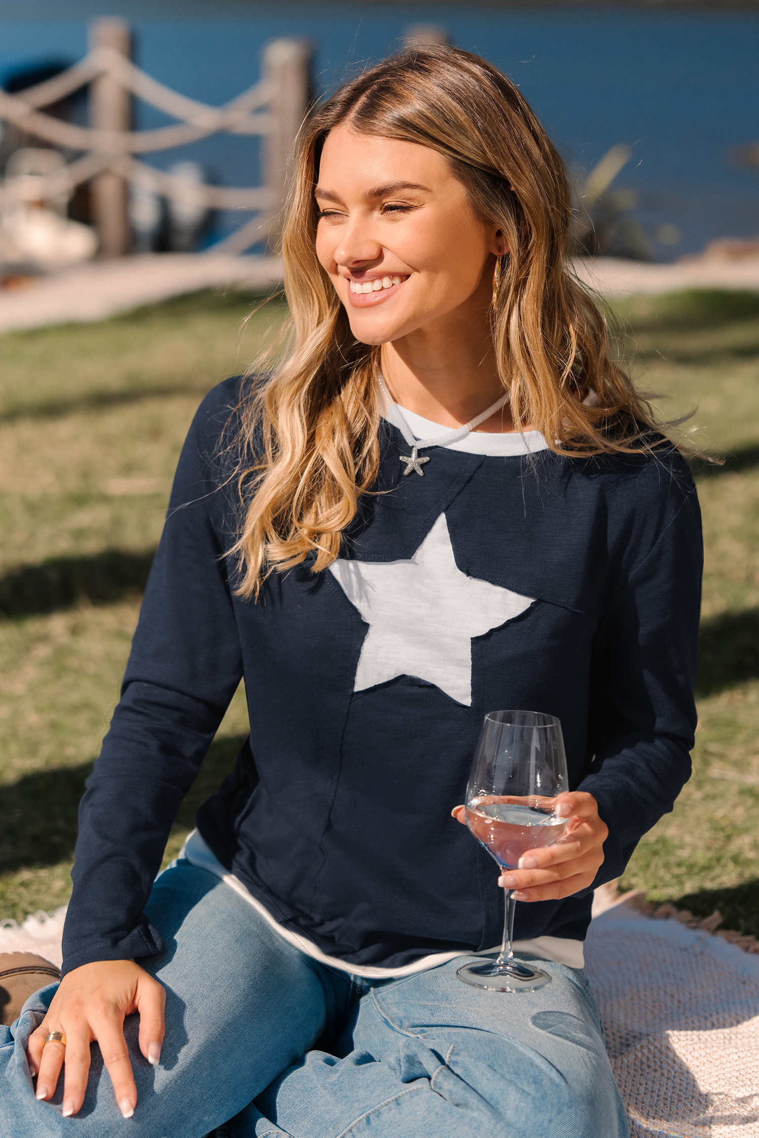 Blaues Lange Ärmel Top mit Sternenprint von CUPSHE