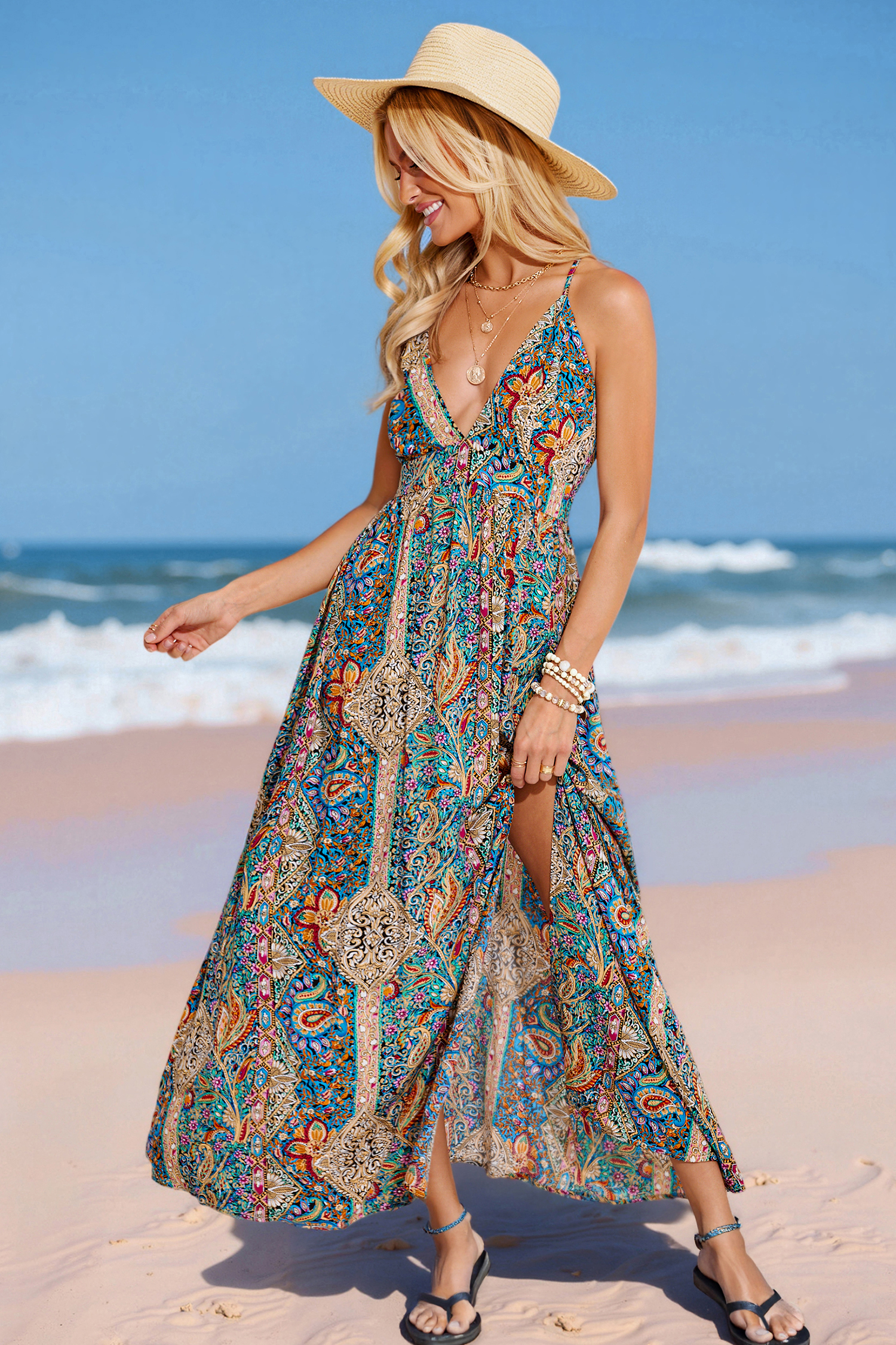 Boho-Paisley-Maxikleid mit tiefem Ausschnitt von CUPSHE