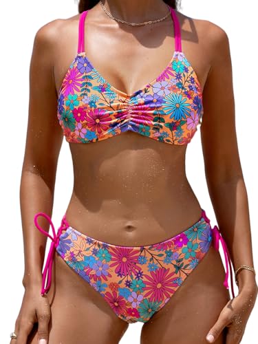 CUPSHE 2-teiliges Damen-Bikini-Set mit geflochtenen Trägern und wendbarem Unterteil, Magenta/Ditsy, Large von CUPSHE