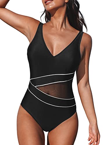 CUPSHE Badeanzug, einteiliger Badeanzug für Damen, V-Ausschnitt, Mesh-Colorblock, verstellbare breite Träger, Badeanzug, Bademode, Schwarz , L von CUPSHE