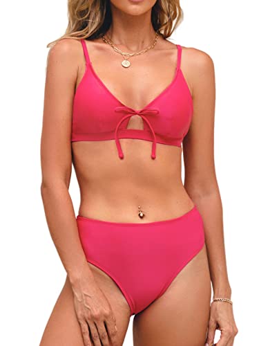 CUPSHE Bikini-Set für Damen, Badeanzug, V-Ausschnitt, Krawatte, verstellbare Träger, mittelhohe Taille, Rückenhaken, zweiteilige Badeanzüge, Stanzer Pink, M von CUPSHE