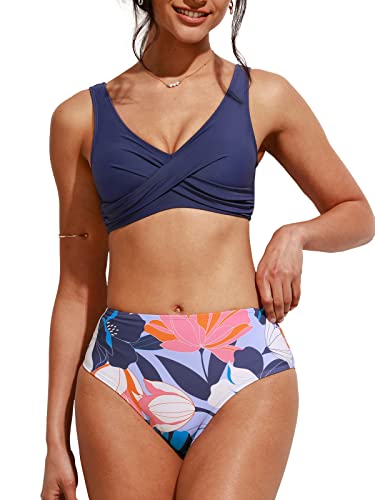 CUPSHE Bikini-Set für Damen, Zweiteilige Badeanzüge, hoch taillierter V-Ausschnitt, Haken, breite Träger, niedriger Rücken, M, Lila von CUPSHE