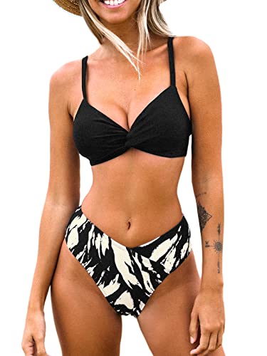 CUPSHE Bikini-Set für Damen, hohe Taille, gedrehter V-Ausschnitt, Spaghettiträger, hoch geschnittenes Zebraunterteil, zweiteiliger Badeanzug, Schwarz , S von CUPSHE