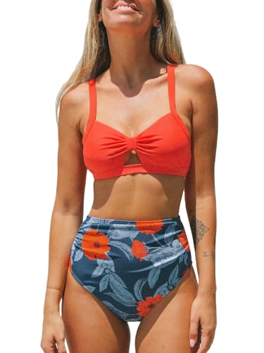 CUPSHE Damen Bikini Set V Ausschnitt High Waist Krawatte Bikini Bademode Zierausschnitten Blumenmuster Zweiteiliger Badeanzug Swimsuit Rot/Blumenmuster XL von CUPSHE