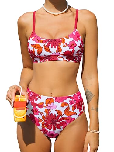 CUPSHE Bikini-Set für Damen, zweiteilig, Badeanzüge, hohe Taille, verstellbare Träger, Haken hinten mit Blumenmuster, Rot/Blumenmuster, M von CUPSHE