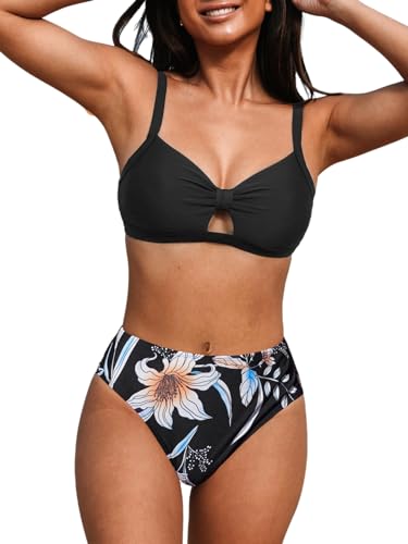 CUPSHE Damen Bikini Set V Ausschnitt Krawatte High Waist Bikini Bademode Zierausschnitten Blumenmuster Zweiteiliger Badeanzug Swimsuit Schwarz Weiß Floral XL von CUPSHE