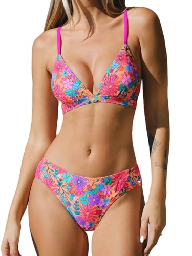 Cupshe Bikini-Set für Damen, zweiteilige Badeanzüge, V-Ausschnitt, niedrige Taille, überkreuzter Rücken, Spaghettiträger zum Selbstbinden, pink floral, Medium von CUPSHE