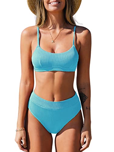 CUPSHE Damen Bikini Set U Ausschnitt High Waist Gerippte Textur Sporty Bikini Bademode Zweiteiliger Badeanzug Swimsuit Cerulean-blau XL von CUPSHE