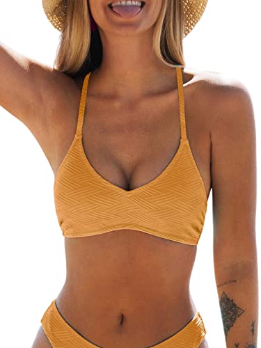 CUPSHE Damen Bikini Oberteil Neckholder V Ausschnitt Lace Up Textur Bademode Spaghettiträger Bikini Top Ginger Yellow M von CUPSHE