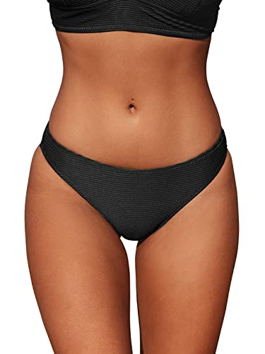 CUPSHE Damen Bikinihose Low Waist Brazilian Style Gerippte Badehose Hipster Unifarben Cheeky Bikini Slip Schwarz L von CUPSHE