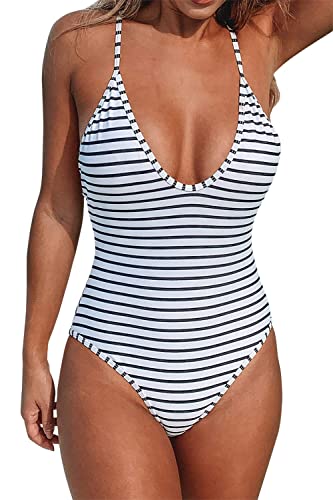 CUPSHE Damen Badeanzug U-Ausschnitt Streifenmuster Einteiler Swimsuit Strandmode Schwarz/Weiß S von CUPSHE