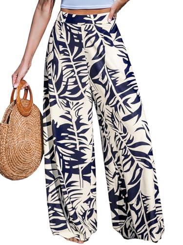 CUPSHE Blumenprint Hose mit High Waist und weitem Bein, Damen Bequeme Freizeit Hose, Blau, M von CUPSHE