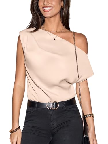 CUPSHE Bluse Damen Satin Elegante Kurzarm Shirts Asymmetrische One Off Shoulder Sommer Tops Champagner L von CUPSHE