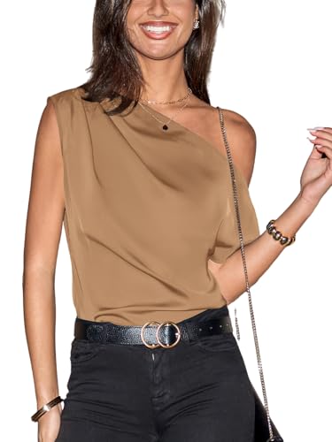 CUPSHE Bluse Damen Satin Elegante Kurzarm Shirts Asymmetrische One Off Shoulder Sommer Tops Hellbraun M von CUPSHE