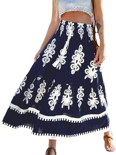 CUPSHE Boho Damen Wickelrock, elastischer Bund mit Bindegürtel lässiges Sommer Maxirock für den Urlaub,Sommerrock Damen Lang, Dunkelblau, S von CUPSHE