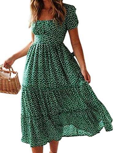 CUPSHE Damen Sommerkleid U Ausschnitt Kurzarm Rüschensaum A-Linien Blumenkleid Freizeitkleider Beach Tunika Midi Dress Grün XL von CUPSHE