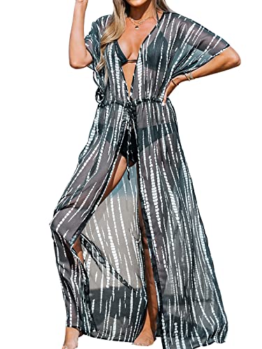 CUPSHE Damen Bikini Cover Up Kimono Kurzarm Vorne Offen Taillenschnürung Maxi Strandkleid Sommer Beachwear Cardigan Dress Schwarz S von CUPSHE