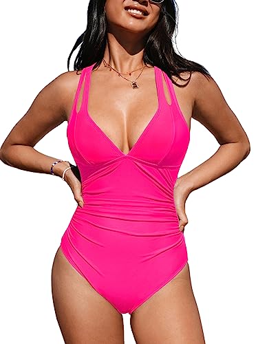 CUPSHE Damen Badeanzug V Ausschnitt Bauchweg Raffungen Tiefer Rückenausschnitt Crossback Einteilige Bademode Swimsuit Neonpink M von CUPSHE