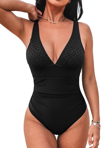 CUPSHE Damen-Badeanzug, Bauchkontrolle, Bademode, V-Ausschnitt, Jacquard, gerüscht, breite verstellbare Träger, einteiliger Badeanzug, Schwarz , L CUPSHE Damen-Badeanzug, Bauchkontrolle, Bademode, V-Ausschnitt, Jacquard, gerüscht, breite verstellbare Träger, einteiliger Badeanzug, Schwarz , L von CUPSHE