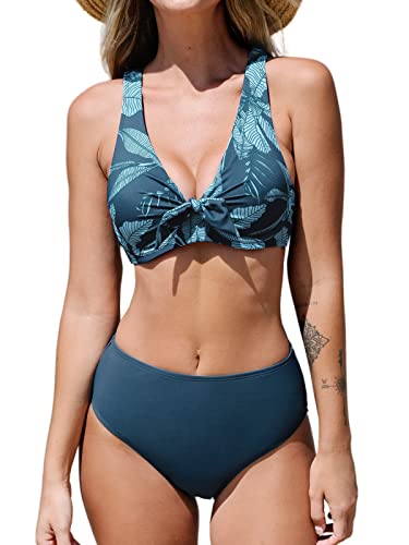 CUPSHE Damen-Badeanzug, Bikini-Set, zweiteilig, geknotet, überkreuzt, zum Selbstbinden, tropischer Badeanzug, Dunkelblau/Tropisch, Medium von CUPSHE