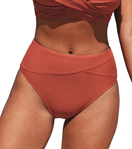 CUPSHE Damen-Badeanzug, Bikini-Unterteil, hohe Taille, vollständige Abdeckung, asymmetrischer Badeanzug, Ziegelrot, L von CUPSHE