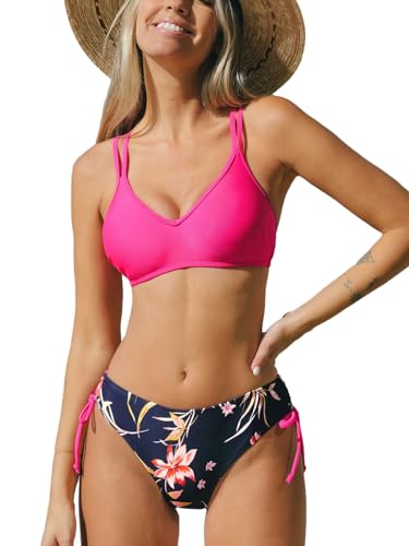 CUPSHE Damen Bikini Set V Ausschnitt Crossback Low Waist Tunnelzug Bademode Zweiteiliger Badeanzug Swimsuit Magenta/Blumen L von CUPSHE