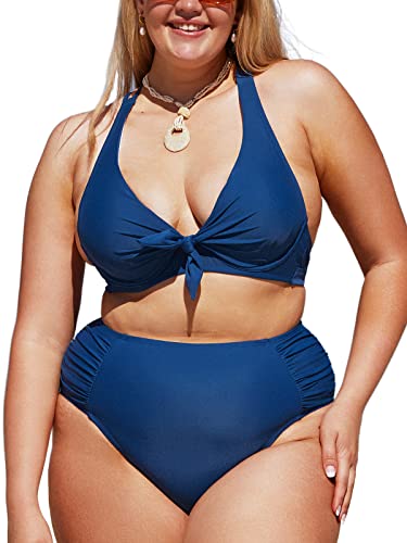 CUPSHE Damen-Badeanzug, Übergröße, Bikini-Set, hohe Taille, geknotet, vorne, überkreuzt, zum Selbstbinden, gerüschte Unterseite, dunkelblau, 52 von CUPSHE