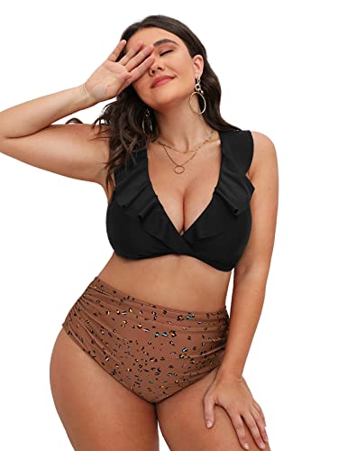 CUPSHE Damen Große Größen Bikini Set V Ausschnitt Volants Lace Up High Waist Bauchweg Zweiteiliger Bikini Leopardenmuster Plus Size Curvy Bademode Swimsuit 1X=XL von CUPSHE