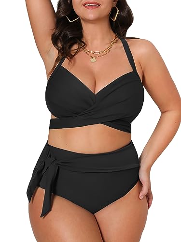 CUPSHE Damen Große Größen Bikini Set V Ausschnitt Wickeloptik High Waist Bauchweg Knoten Zweiteiliger Bikini Plus Size Curvy Bademode Swimsuit Schwarz 1X=XL von CUPSHE