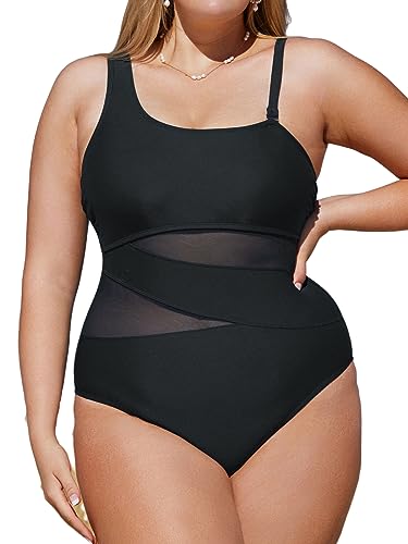 CUPSHE Damen Große Größen Badeanzug One Shoulder Sheer Mesh Zierausschnitte Bauchkontrolle Asymmetrische Einteilige Curvy Bademode Plus Size Swimsuit Schwarz 1X=XL von CUPSHE