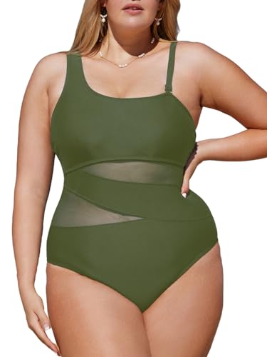 CUPSHE Damen Große Größen Badeanzug One Shoulder Sheer Mesh Zierausschnitte Bauchkontrolle Asymmetrische Einteilige Curvy Bademode Plus Size Swimsuit Armee-grün 2X=XXL von CUPSHE