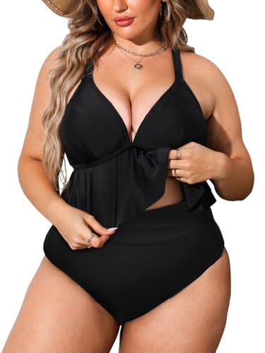 CUPSHE Damen Große Größen Bikini Set V Ausschnitt High Waist Bauchweg Zweiteiliger Bikini Rüschensaum Plus Size Curvy Bademode Swimsuit Einfarbig Schwarz 3X=XXXL von CUPSHE