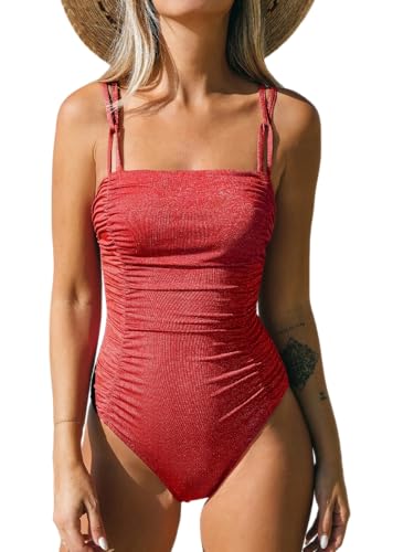CUPSHE Damen-Badeanzug, einteilig, Bauchkontrolle, quadratischer Ausschnitt, gerüscht, verstellbare Träger, himbeerrot, Medium von CUPSHE