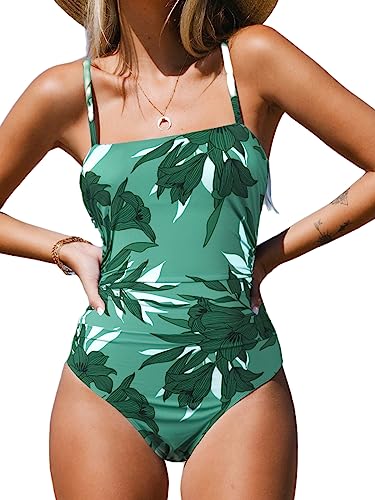 CUPSHE Damen Badeanzug Bandeau Bauchweg Raffung Quadratischer Ausschnitt Riemendesign Einteilige Bademode Swimsuit Grünes Blatt S von CUPSHE