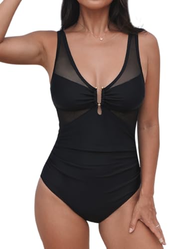 CUPSHE Damen Badeanzug Einteilige V Ausschnitt Bademode U Bügel Mesh Rückenausschnitt Hakenverschluss Verstellbare Träger Schwimmanzug Schwarz L von CUPSHE