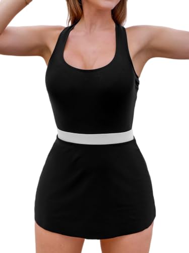 CUPSHE Damen Badeanzug Badekleid U Ausschnitt Farbblock Überkreuzte Träger Schwimmkleid Einteilige Bademode Swimsuit Schwarz L von CUPSHE