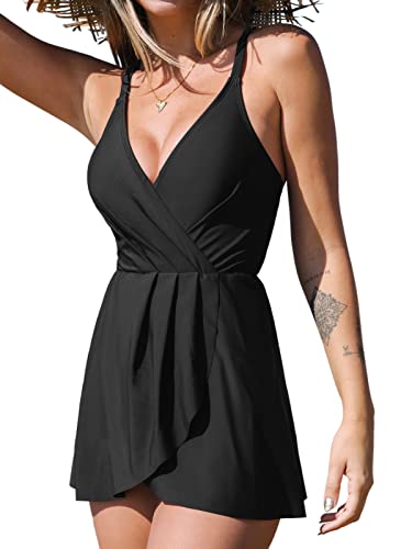 CUPSHE Damen Badeanzug Badekleid V Ausschnitt Wickeloptik Bauchweg Raffung Schwimmkleid Einteilige Bademode Swimsuit Schwarz XS von CUPSHE