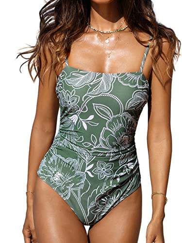 CUPSHE Damen Badeanzug Bandeau Bauchweg Raffung Quadratischer Ausschnitt Riemendesign Blumenmuster Einteilige Bademode Swimsuit Grüne Blumen XL von CUPSHE