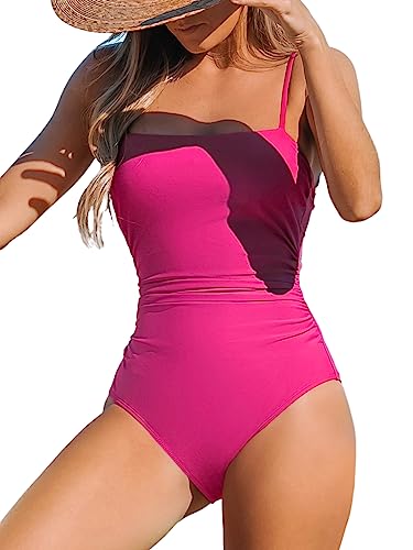 CUPSHE Damen Badeanzug Bandeau Bauchweg Raffung Quadratischer Ausschnitt Riemendesign Einteilige Bademode Swimsuit Magentarot L von CUPSHE