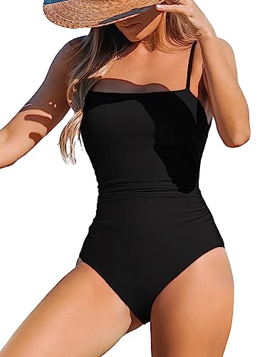 CUPSHE Damen Badeanzug Bandeau Bauchweg Raffung Quadratischer Ausschnitt Riemendesign Einteilige Bademode Swimsuit Schwarz M von CUPSHE