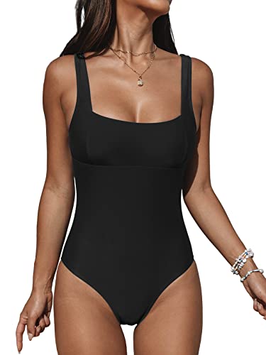 CUPSHE Damen Badeanzug Bandeau Quadratischer Ausschnitt Breite Träger Figurformend Einteilige Bademode Swimsuit Schwarz L von CUPSHE