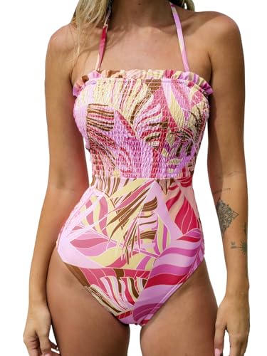 CUPSHE Damen Badeanzug Bandeau Rüschen Neckholder Gesmokte Blumenmuster Figurformend Einteilige Bademode Swimsuit Taroviolett/Blumig XL von CUPSHE
