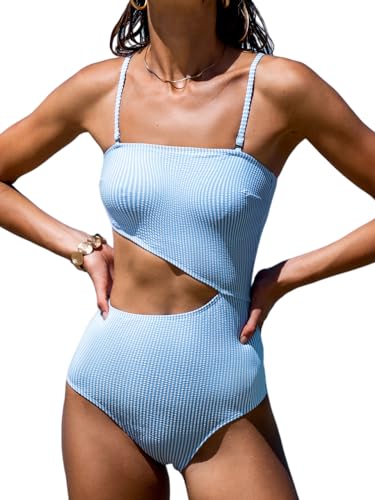 CUPSHE Damen Badeanzug Bandeau Zierausschnitte Abnehmbare Träger Streifenmuster Einteilige Bademode Swimsuit Hellblau/Gestreift M von CUPSHE