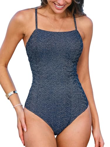 CUPSHE Damen Badeanzug Bauchweg Quadratischer Ausschnitt Langer Torso Kreuzverbund Rücken Glitzer Schwimmanzug Bademode Navy Blue XS CUPSHE Damen Badeanzug Bauchweg Quadratischer Ausschnitt Langer Torso Kreuzverbund Rücken Glitzer Schwimmanzug Bademode Navy Blue XS von CUPSHE