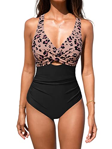 CUPSHE Damen Badeanzug Bauchweg Raffungen Crossover V Ausschnitt Zierausschnitten Tierdruck Einteilige Bademode Swimsuit Schwarz/Leopard M von CUPSHE